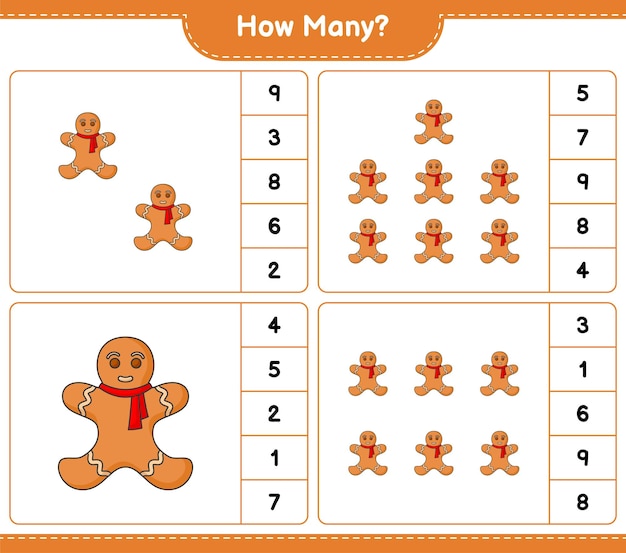 Telspel, hoeveel Gingerbread Man. Educatief kinderspel, afdrukbaar werkblad, vectorillustratie