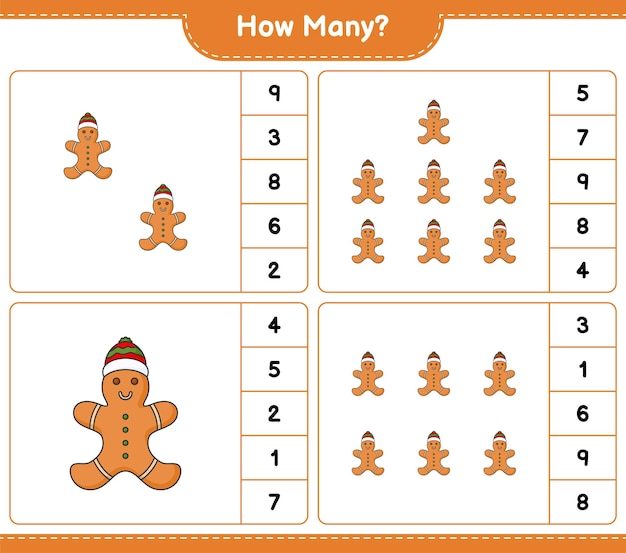 Telspel, hoeveel Gingerbread Man. Educatief kinderspel, afdrukbaar werkblad, vectorillustratie