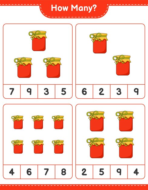 Telspel, hoeveel jam. educatief kinderspel, afdrukbaar werkblad, vectorillustratie