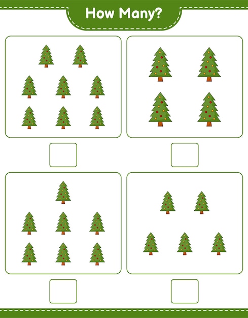 Telspel, hoeveel kerstboom. Educatief kinderspel, afdrukbaar werkblad, vectorillustratie