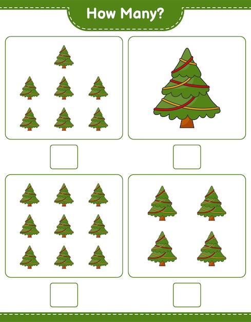 Telspel, hoeveel kerstboom. Educatief kinderspel, afdrukbaar werkblad, vectorillustratie