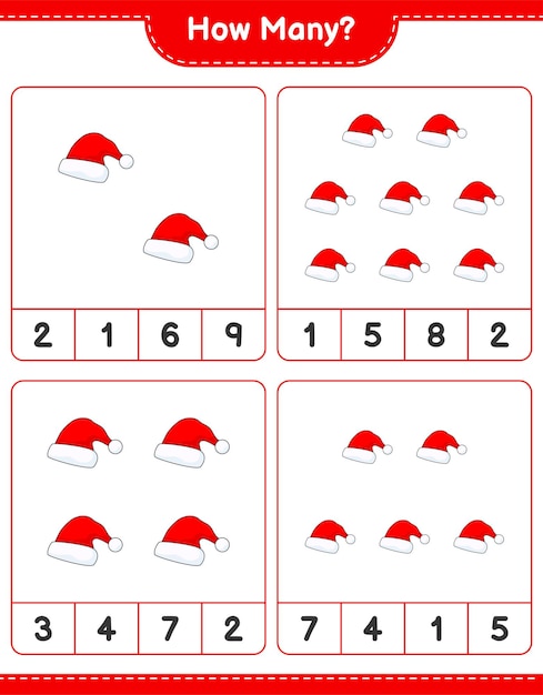 Telspel, hoeveel kerstmuts. Educatief kinderspel, afdrukbaar werkblad, vectorillustratie