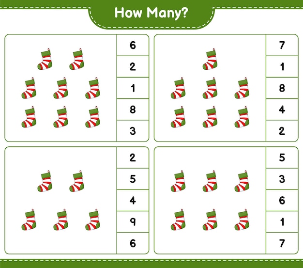 Telspel, hoeveel kerstsokken. Educatief kinderspel, afdrukbaar werkblad, vectorillustratie