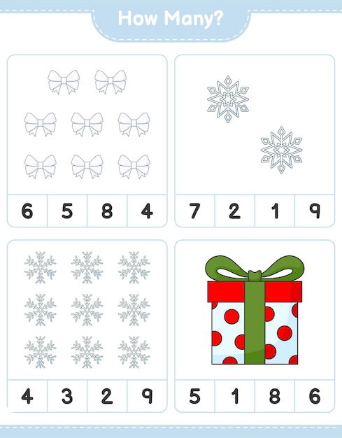 Telspel, hoeveel lint, sneeuwvlok en geschenkdoos. Educatief kinderspel, afdrukbaar werkblad, vectorillustratie