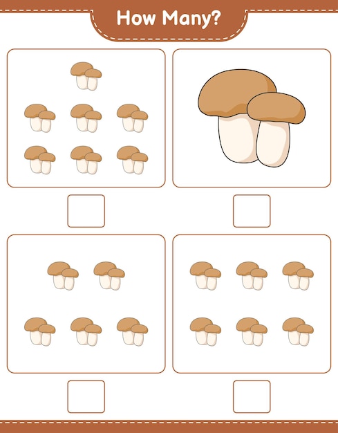 Telspel, hoeveel Mushroom Boletus. Educatief kinderspel, afdrukbaar werkblad, vectorillustratie