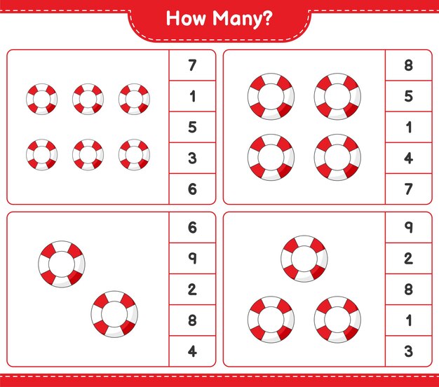Telspel, hoeveel reddingsboei. educatief spel voor kinderen, afdrukbaar werkblad