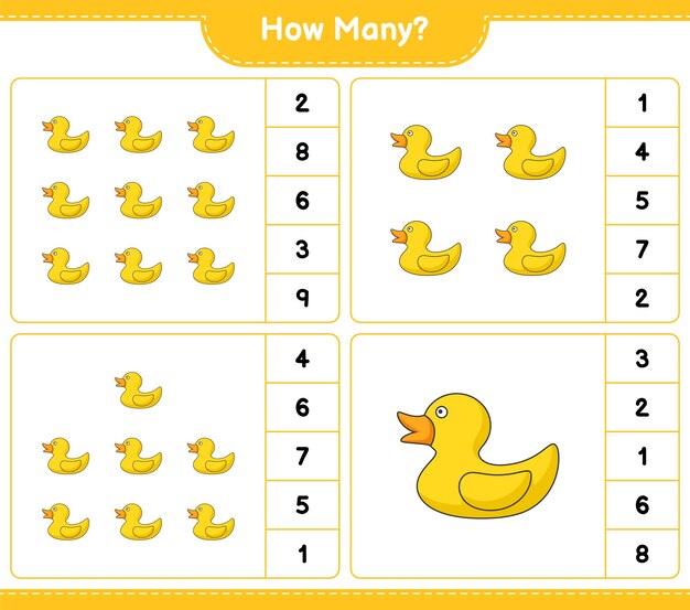 Telspel hoeveel rubberen eend Educatief kinderen spel afdrukbaar werkblad vectorillustratie