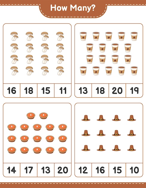 Telspel, hoeveel Shiitake, Hat, Pie en Coffee Cup. Educatief kinderspel, afdrukbaar werkblad, vectorillustratie