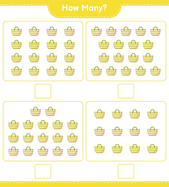 Telspel, hoeveel strandtas. Educatief spel voor kinderen, afdrukbaar werkblad