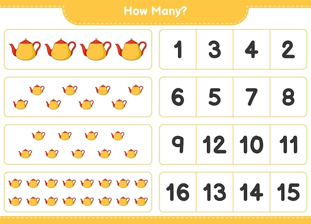Telspel, hoeveel theepot. Educatief kinderspel, afdrukbaar werkblad, vectorillustratie