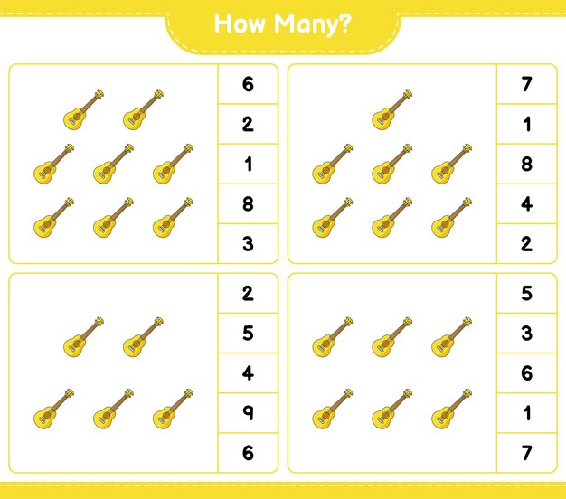 Telspel, hoeveel ukelele. educatief spel voor kinderen, afdrukbaar werkblad