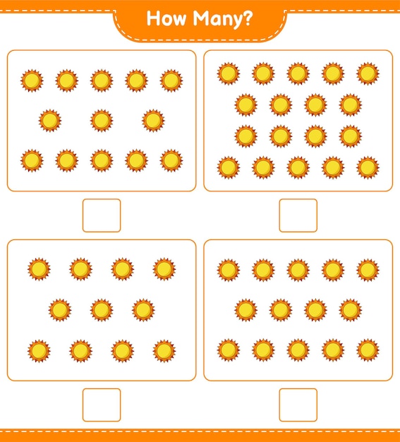 Telspel, hoeveel zon. Educatief spel voor kinderen, afdrukbaar werkblad