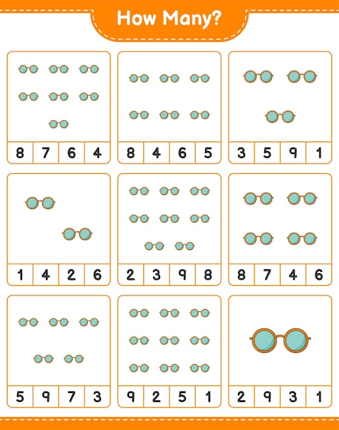 Telspel, hoeveel zonnebril. educatief spel voor kinderen, afdrukbaar werkblad
