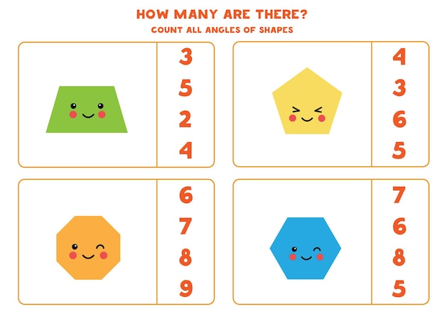 Telspel met schattige kawaii geometrische vormen. Tel het aantal hoeken.