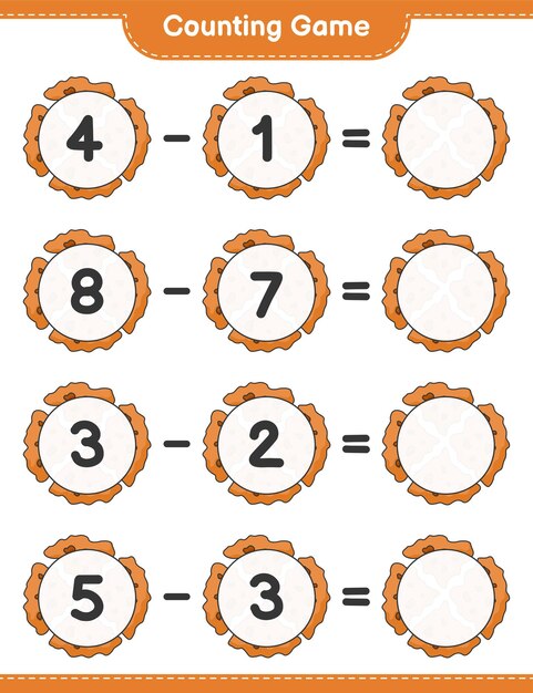 Telspel, tel het aantal cookies en schrijf het resultaat. educatief kinderspel, afdrukbaar werkblad, vectorillustratie