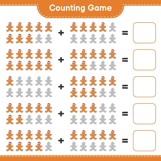 Telspel, tel het aantal Gingerbread Man en schrijf het resultaat op. Educatief kinderspel, afdrukbaar werkblad, vectorillustratie