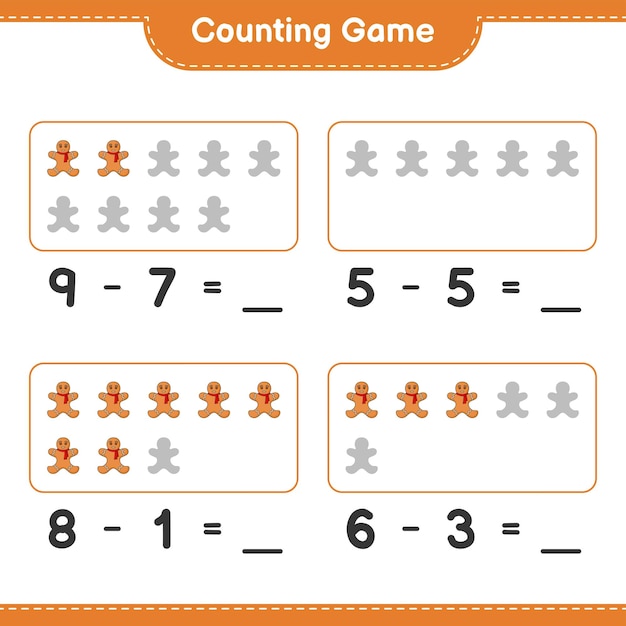 Telspel, tel het aantal Gingerbread Man en schrijf het resultaat op. Educatief kinderspel, afdrukbaar werkblad, vectorillustratie