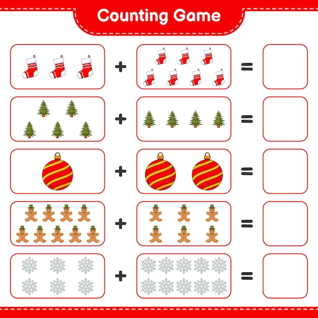 Telspel, tel het aantal gingerbread man, tree, sock, christmas ball, snowflake en schrijf het resultaat op. educatief kinderspel, afdrukbaar werkblad, vectorillustratie