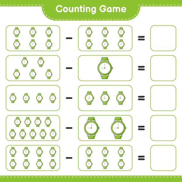 Vector telspel tel het aantal horloges en schrijf het resultaat educatief kinderspel
