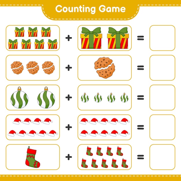 Telspel, tel het aantal kerstbal, hoed, sok, geschenkdoos, koekjes en schrijf het resultaat. educatief kinderspel, afdrukbaar werkblad, vectorillustratie