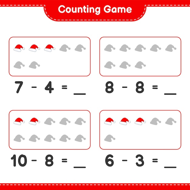 Telspel, tel het aantal kerstmutsen en schrijf het resultaat op. Educatief kinderspel, afdrukbaar werkblad, vectorillustratie