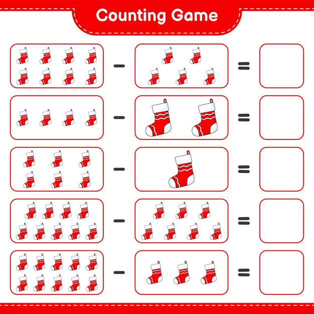 Telspel, tel het aantal kerstsokken en schrijf het resultaat op. Educatief kinderspel, afdrukbaar werkblad, vectorillustratie