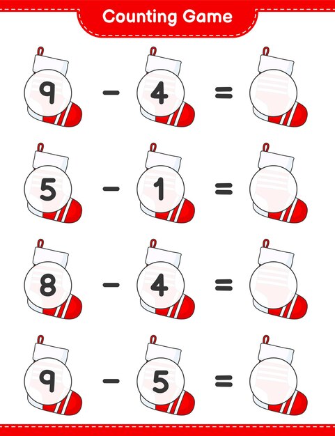 Telspel, tel het aantal kerstsokken en schrijf het resultaat op. Educatief kinderspel, afdrukbaar werkblad, vectorillustratie