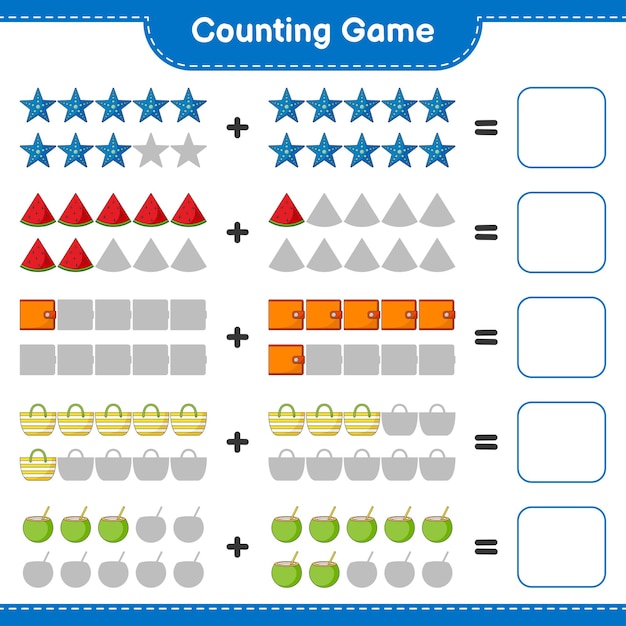 Vector telspel, tel het aantal kokosnoot, zeester, watermeloen, portemonnee, strandtas en schrijf het resultaat. educatief kinderspel, afdrukbaar werkblad, vectorillustratie