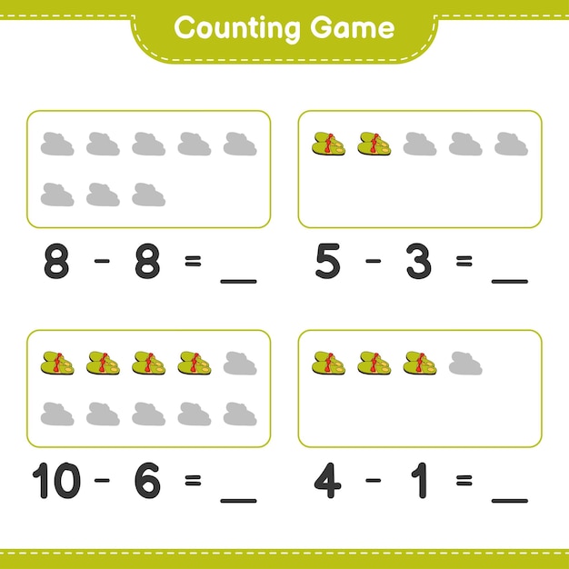 Telspel, tel het aantal Slippers en schrijf het resultaat op. Educatief spel voor kinderen, afdrukbaar werkblad