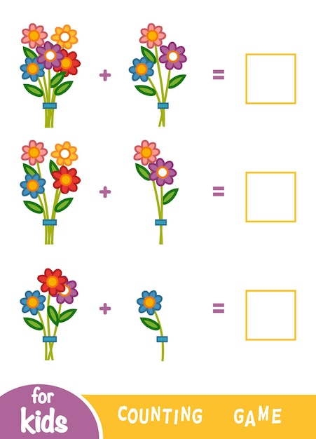 Telspel voor kleuters. educatief een wiskundig spel. tel het aantal bloemen en schrijf het resultaat op. extra werkbladen