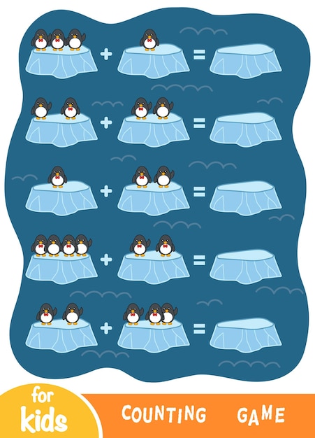 Telspel voor kleuters. educatief een wiskundig spel. tel het aantal pinguïns op het ijs en schrijf het resultaat op. extra werkbladen