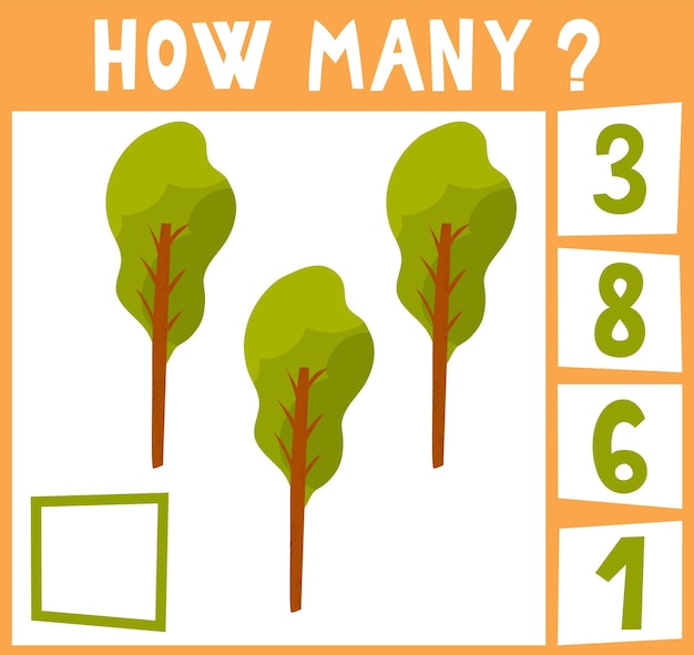 Telspel voor kleuters Educatief een wiskundig spel Tel hoeveel stukken en schrijf het resultaat 3 bomen