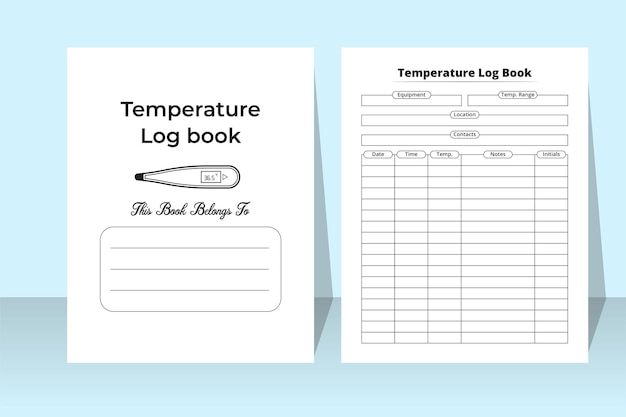 Vector temperature kdp interior log book with a thermometer patient body heat tracker and medication planner journal kdp interior of a notebook fever temperature tracker and patient information logbook