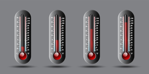 섭씨와 화씨 눈금으로 설정된 온도 날씨 온도계. 벡터 일러스트