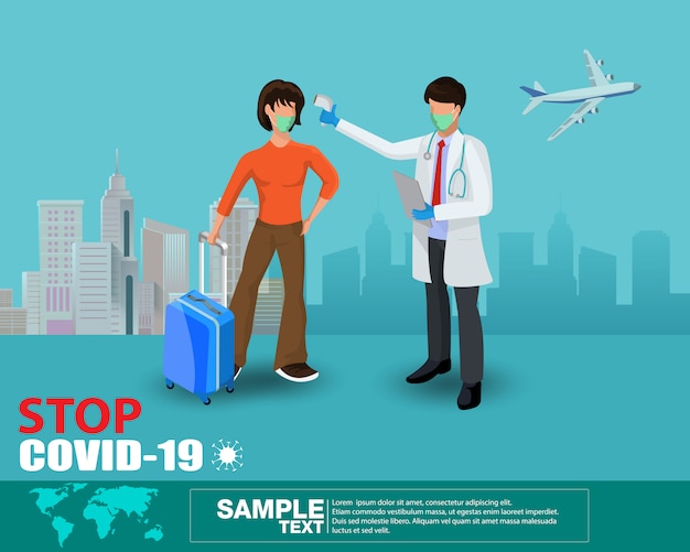 Temperatuurthermometer covid-19 checkpoint, mensen in de rij om coronavirus te scannen door officier bij het checkpoint, stoppen virusuitbraak concept, voordat ze de openbare ruimte betreden, gezondheid vectorillustratie.