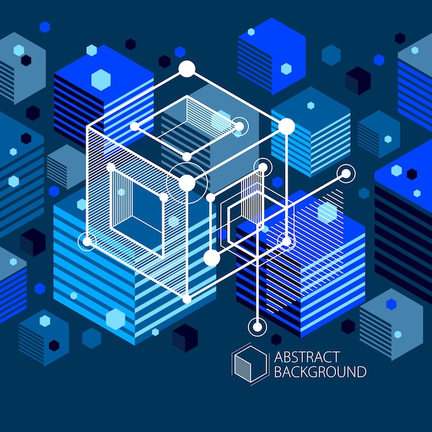 Шаблон 3D темно-синий дизайн-макет для брошюры, флаера, плаката, рекламы, обложки, векторного абстрактного современного фона. Состав кубов, шестиугольников, квадратов, прямоугольников и различных абстрактных элементов