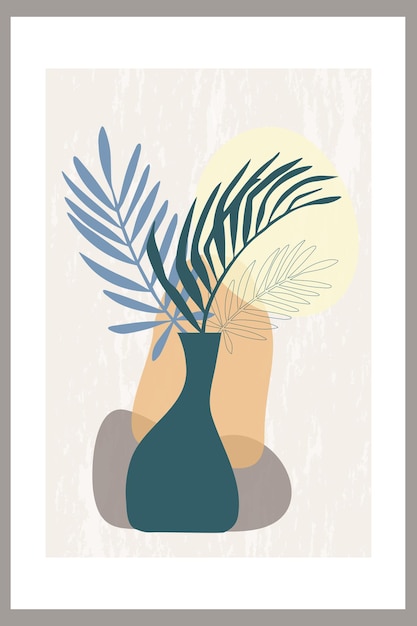 Template of an abstract composition with tropical palm leaves in a vase