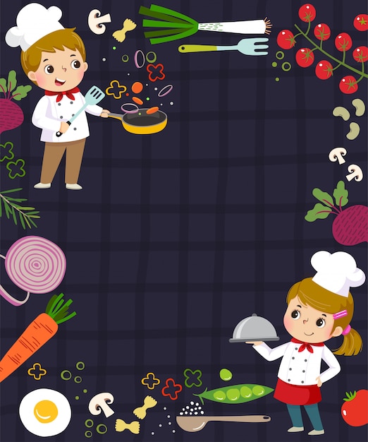 Vector template for advertising background in cooking concept with two kid chefs.