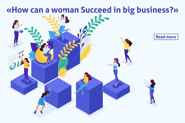 Вектор Шаблон статьи баннер, изометрическая концепция карьерной лестницы для женщин, успех в большом бизнесе.