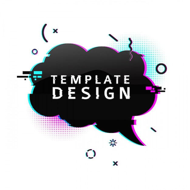 Template  banner with glitch effect. horizontal black cloud speech bubble layout poster with broken particles. banner with pixel graphics and geometric crash element.