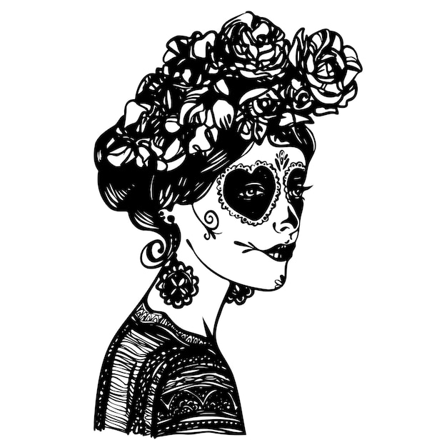 Template of beautiful woman with a rose in her hair and sugar skull makeup for day of the dead.