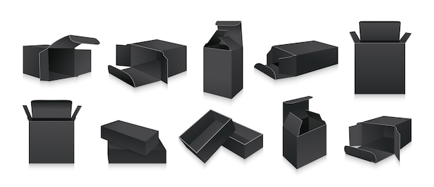 Vettore modello nero 3d box set collezione di scatole regalo di imballaggio prodotto realistico in bianco