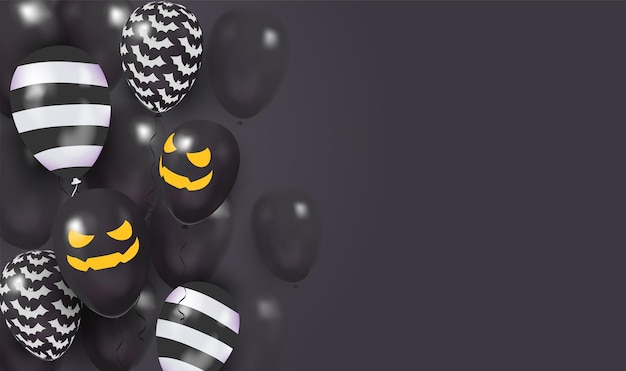 Template black banner with d balloons with faces happy halloween