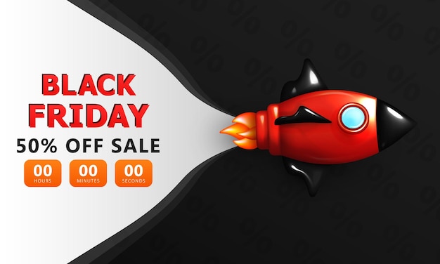 Template of Black Friday ad banner with 3d cartoon rocket and super sale advertising