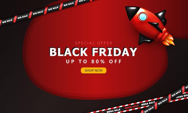 Шаблон рекламного баннера Черной пятницы с трехмерной мультяшной ракетой и макетом веб-страницы обратного отсчета суперраспродаж
