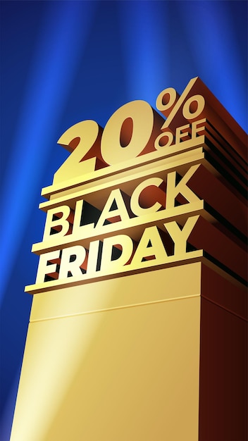 Template for BLACK FRIDAY sale in 20th century fox style with volumetric letters, building and spotlights. Twenty percent OFF. Vector illustration for flyer, discount, shop, cards, promo, ad.