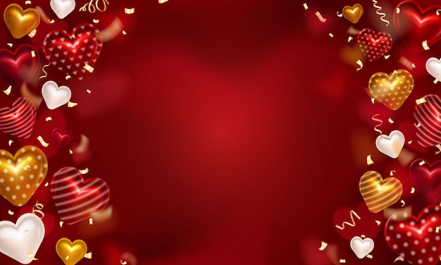 Шаблон пустого красного романтического баннера ко Дню Святого Валентина с 3D глянцевыми сердечками и золотыми лентами конфетти