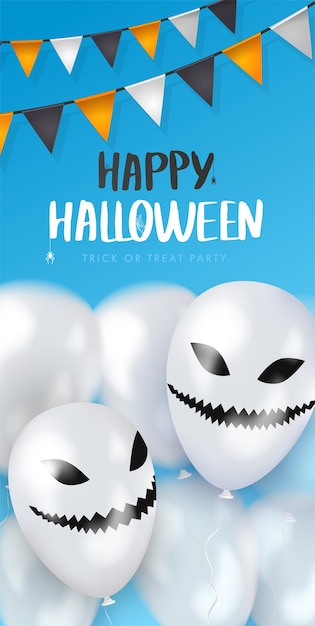 Template blue banner with 3d balloons with faces Happy Halloween