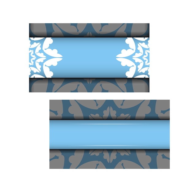 Modello cartolina blu con ornamenti bianchi antichi pronti per la stampa.