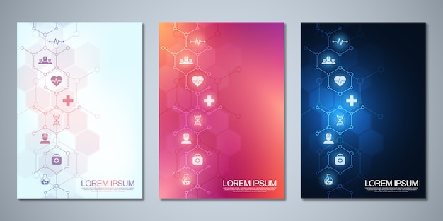 Brochure modello o copertina, libro, flyer, con simboli e icone mediche. concetto di tecnologia sanitaria, scienza e medicina.